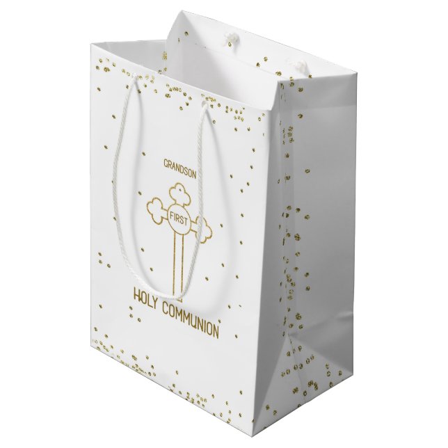 Grandson First Holy Communion Gold Look Cross Medium Gift Bag (Front Angled)