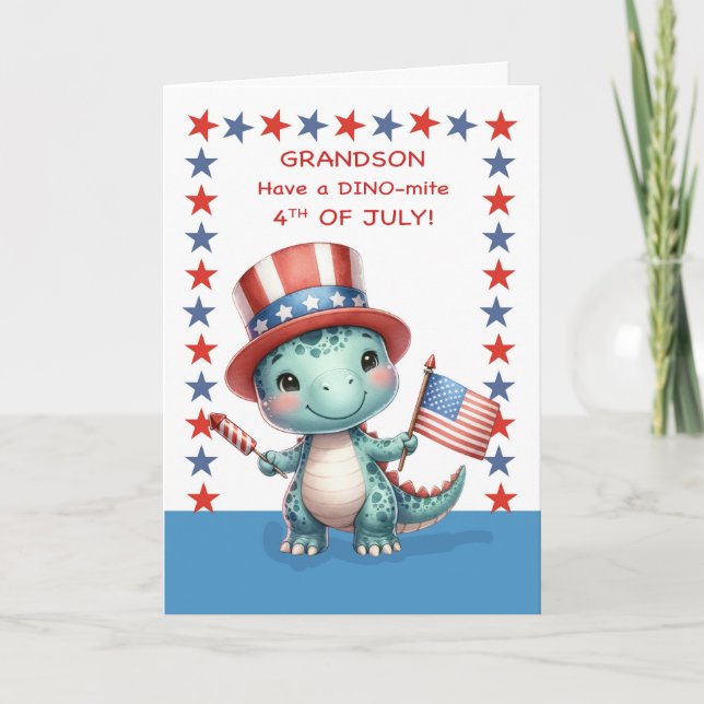 Grandson Fourth of July Cute Dinosaur Hat Flag Card (Front)
