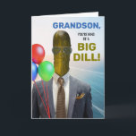 Grandson Funny Birthday Kind of a Big Dill Pickle Card<br><div class="desc">Grandson,  You're kind of a Big Dill! Funny birthday,  paper greeting card with a photo of a dill pickle wearing a suit and tie,  and sunglasses. Food themed pun greeting card. Customise the cover and interior birthday message as desired. Art,  image,  and verse copyright © Shoaff Ballanger Studios,  2025.</div>