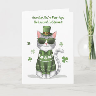 Grandson Funny Cat Wearing Sunglasses St Patricks Card