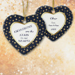 Grandson Gold Star Heart Keepsake Ceramic Tree Decoration<br><div class="desc">This is a wonderful Christmas ornament for a grandparent to give to a grandson. It features a white heart shape framed in shiny gold, and set against a gold star studded dark blue background. In the center is your customized text in dark blue. Currently, the text says "Grandsons are the...</div>