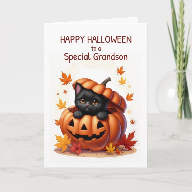 Grandson Halloween Cute Black Cat in Pumpkin Card (Front)