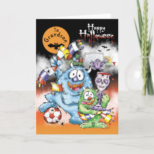 Grandson, Halloween Monsters, with soccer ball Card