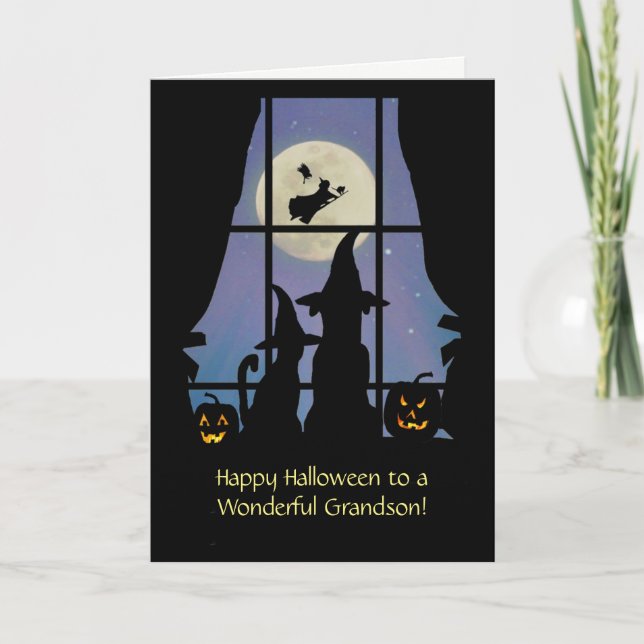 Grandson Halloween with Dog and Cat Cute Card (Front)