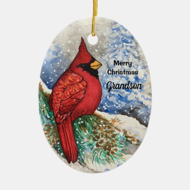 Grandson Handsome Red Cardinal Christmas Bird Ceramic Tree Decoration (Front)