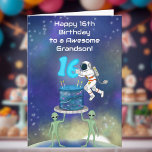 Grandson Happy 16th Birthday Astronaut with Cool  Card<br><div class="desc">Mark sweet sixteen with a modern,  space-themed birthday card for your grandson,  filled with vibrant galaxy colours,  a floating astronaut,  and a bold cosmic cake design. This creative and engaging card is perfect for celebrating sixteen in a fun,  memorable,  and adventurous way.</div>