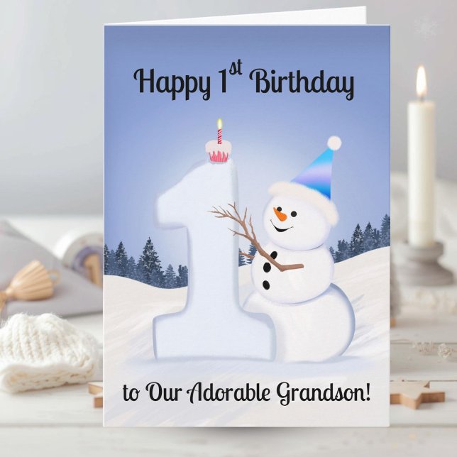 Grandson Happy 1st Birthday Snowman Building One Card (Creator Uploaded)