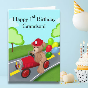 Grandson Happy 1st Birthday Teddy Bear  Firetruck Card