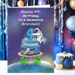 Grandson Happy 4th Birthday Astronaut with Cool  Card<br><div class="desc">Mark your grandson’s 4th birthday with this imaginative outer space design showcasing an astronaut carefully placing the number four on a galaxy-inspired cake. Surrounded by orbiting planets, glowing stars, and a playful rocket launch, the scene unfolds above a softly lit Earth horizon. Two cheerful aliens support the cake from below,...</div>