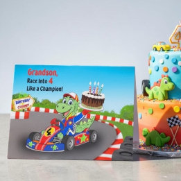 Grandson Happy 4th Birthday Dinosaur Race Car Card