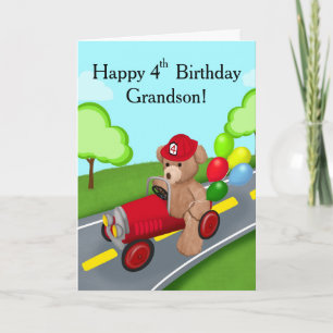 Grandson Happy 4th Birthday Teddy Bear Firetruck Card