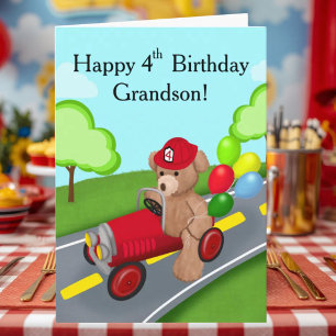 Grandson Happy 4th Birthday Teddy Bear Firetruck Card