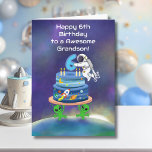 Grandson Happy 6th Birthday Astronaut with Cool  Card<br><div class="desc">Celebrate your grandson turning six with a dynamic space-themed illustration centred around an astronaut placing the number six on a beautifully decorated cosmic cake. With planets circling the tiers, a rocket in flight, and a rich galaxy backdrop, the design feels full of movement and excitement. Two quirky aliens anchor the...</div>