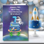 Grandson Happy 7th Birthday Astronaut with Cool  Card<br><div class="desc">For a grandson stepping into age seven, this space-inspired birthday design highlights an astronaut adding the number seven to a detailed planetary cake. The scene is set against a deep star-filled sky with Earth glowing below, while a rocket arcs alongside the cake. Subtle alien characters add a fun touch without...</div>
