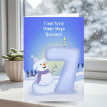 Grandson Happy 7th Birthday Snowman  Card<br><div class="desc">Bright winter joy fills this 7th birthday scene as a cheerful snowman shows off the tall snowy “7” sculpted just for your daughter’s big day. Soft, leaf-shaped trees frame the background, bringing a gentle seasonal touch to the artwork. The cool winter tones, playful textures, and warm expression create a sweet,...</div>