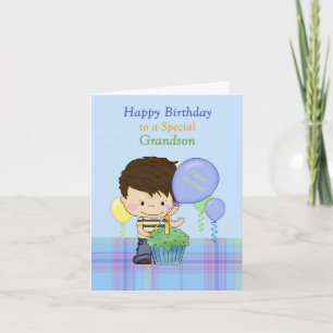 Grandson Happy Birthday Boy Blue Green Balloons Card
