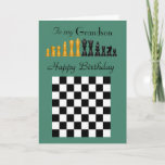 Grandson - Happy Birthday - Chess Pieces and Board Card<br><div class="desc">A striking design of Chess pieces in black / gold,  and board in black and white on a green background for your Grandson's Birthday with a loving inner verse that will touch his heart.   ©2015- SmudgeArt / Madeline M Allen</div>