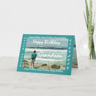 GRANDSON - Happy Birthday - Man and Ocean Waves Card