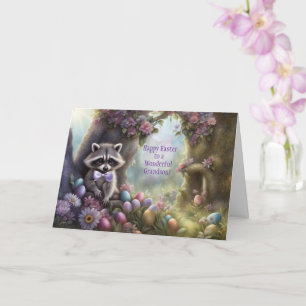 Grandson Happy Easter with Cute Raccoon and Eggs Card
