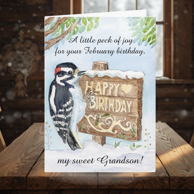Grandson Happy February Birthday Woodpecker Card (Creator Uploaded)