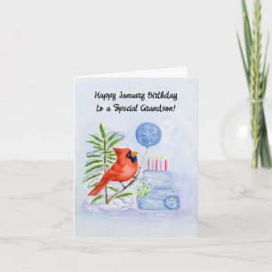Grandson Happy January Birthday Cardinal Cake Card