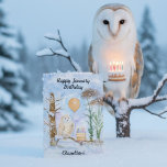 Grandson Happy January Birthday Owl Cake Card<br><div class="desc">Soft and serene, this hand-painted watercolor captures a Snowy Owl resting on a winter branch beside a layered vanilla birthday cake topped with gentle purple frosting and glowing candles. Ivy-covered trees in the background add a quiet January charm, making this a sweet and thoughtful birthday scene created especially for a...</div>