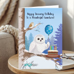 Grandson Happy January Birthday Snowy Owl Card<br><div class="desc">This charming January birthday card features a beautiful Snowy Owl holding a snowflake balloon beside a rich chocolate birthday cake, creating a fun and cozy winter scene just right for your grandson. In the background, a small Barn Owl peeks out from the snowy setting, adding a playful touch of nature...</div>