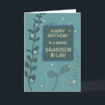 Grandson in Law Religious Birthday Green Hand Draw Card<br><div class="desc">Celebrate your special grandson-in-law's birthday with this beautifully designed card. The front features a heartfelt "Happy Birthday to a special grandson-in-law" message set against a dark green background with teal accents and hand-drawn foliage, creating an elegant and nature-inspired look. Inside, the card reminds him of the blessing he is and...</div>