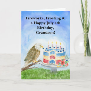 Grandson July 4th Birthday Bald Eagle &  Cake  Card