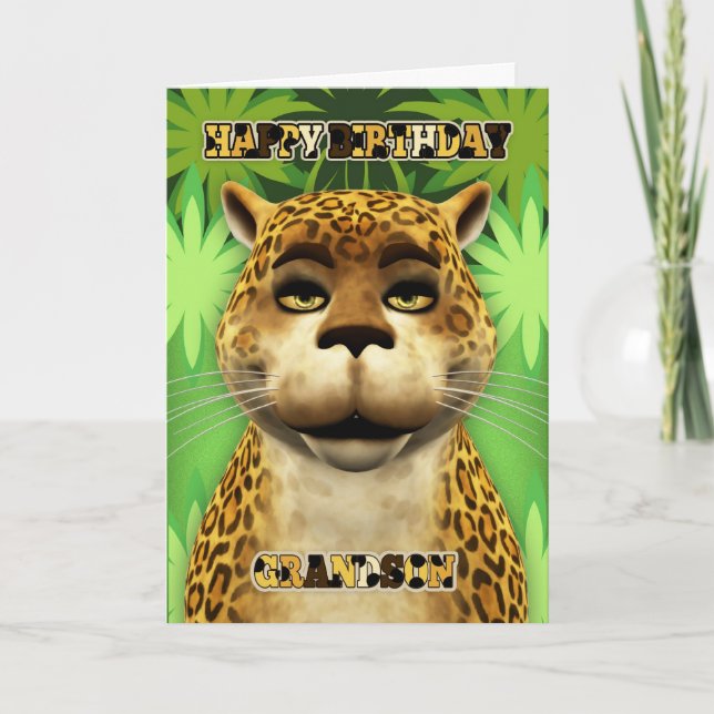 Grandson Leopard Jungle Birthday Card (Front)
