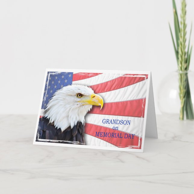 Grandson, Memorial Day, with a bald eagle and flag Card (Front)