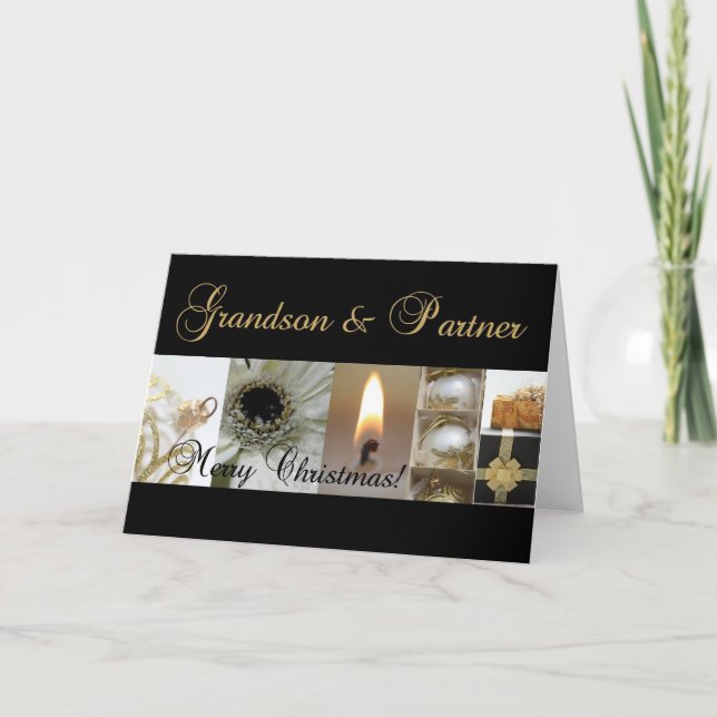 Grandson & Partner Merry Christmas  black gold chr Holiday Card (Front)