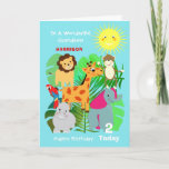 Grandson Safari Animals Cute Happy Birthday Card<br><div class="desc">Super cute cartoon wild animals including the giraffe,  hippo,  lion,  elephant,  parrot and cheeky monkey; such a fun and colourful design and easy to customise with a name,  age and message,  for that extra special touch at no extra cost.</div>
