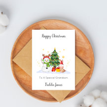 Grandson Snowman Rabbit Christmas Card