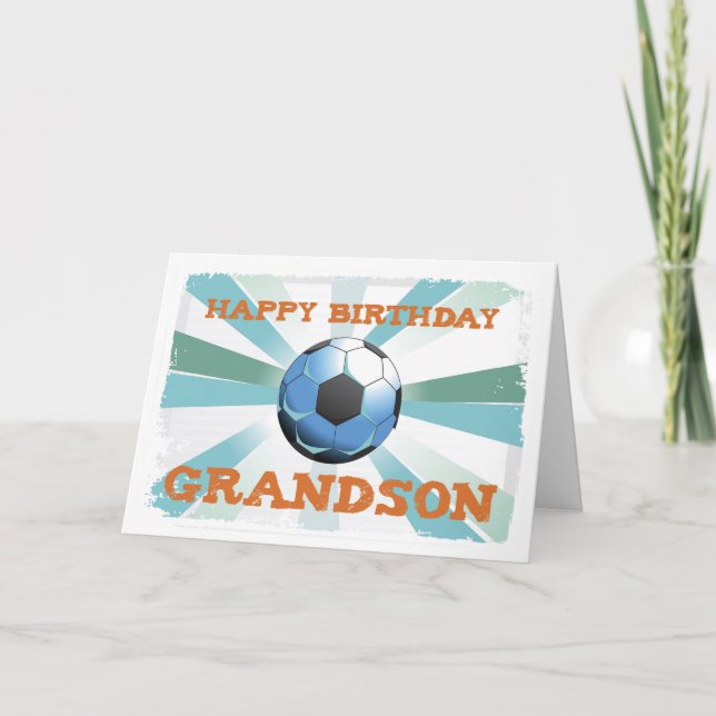 Grandson Soccer Birthday with Ball, Orange on Teal Card (Front)