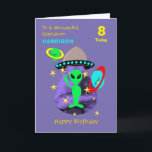 Grandson Spaceship Alien Cute Happy Birthday Card<br><div class="desc">Super cute cartoon outer space theme image with a little green man,  stars,  planets and spaceship; such a fun and colourful design and easy to customise with a name,  age and message,  for that extra special touch at no extra cost.</div>