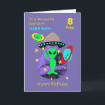 Grandson Spaceship Alien Cute Happy Birthday Card<br><div class="desc">Super cute cartoon outer space theme image with a little green man,  stars,  planets and spaceship; such a fun and colourful design and easy to customise with a name,  age and message,  for that extra special touch at no extra cost.</div>