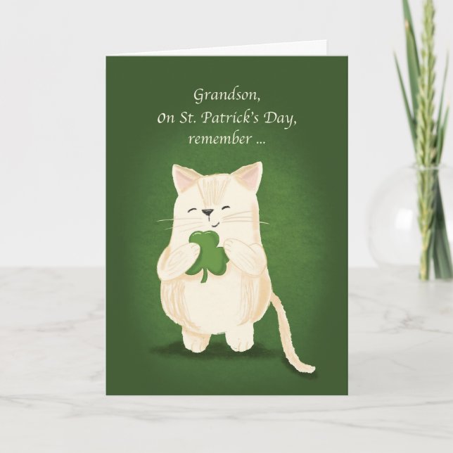 Grandson St. Patricks Day Cute Kitten Shamrock Card (Front)