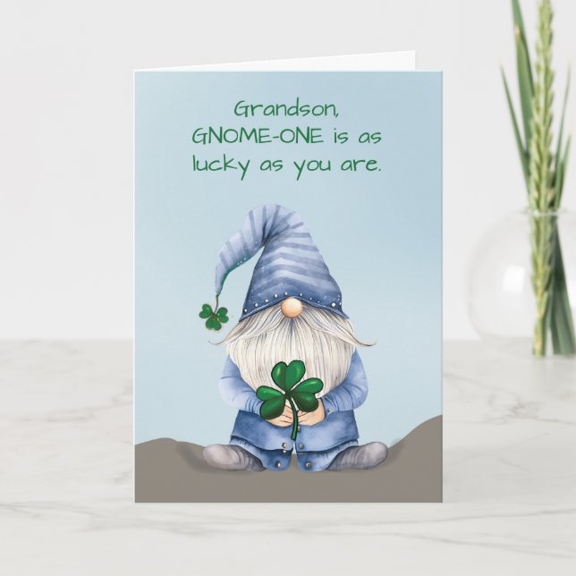 Grandson St Patricks Day Gnome in Denim Card (Front)