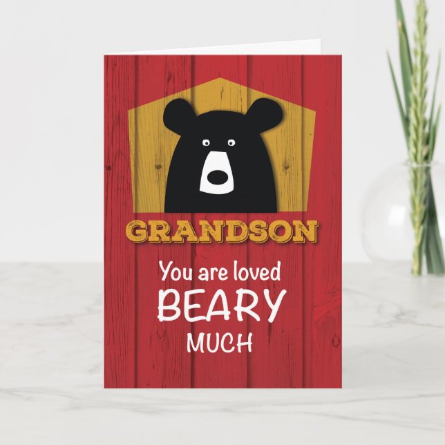 Grandson, Valentine Bear Wishes on Red Wood Grain Holiday Card (Front)