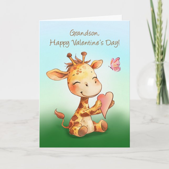 Grandson Valentine Cute Happy Giraffe with Heart Card (Front)