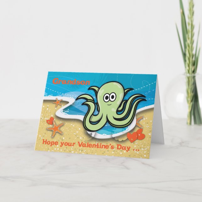 Grandson Valentine’s Day Cartoon Octopus Card (Front)