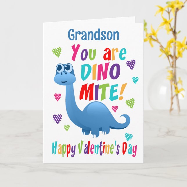 Grandson Valentines Day Dinosaur Card (Yellow Flower)