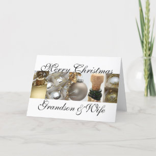 Grandson & Wife merry christmas gold on white chri Holiday Card