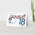 Grandson's 18th Birthday Stars and Word Art  Card<br><div class="desc">A colorful 'word art' design for your grandson's 18th birthday with pattern-filled letters and decorative stars. The front cover greeting is, 'To a very special GRANDSON 18 TODAY!' in bright red, blue and yellow. The word, 'GRANDSON' is very big and the letters are filled with stripes and polka dots and...</div>