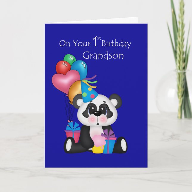Grandson's 1st Birthday, Panda and Balloons Card (Front)