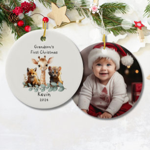 Grandson's 1st Christmas Cute Safari Animals Ceramic Tree Decoration
