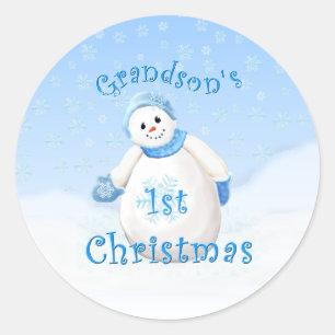 Grandson's 1st Christmas Snowman Classic Round Sticker