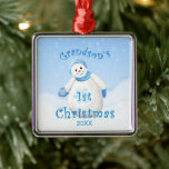 Grandson's 1st Christmas Snowman Ornament<br><div class="desc">Cute little snowman wearing blue winter hat,  scarf and mittens as delicate snowflakes fall through the winter sky is a delightful Christmas design for grandson's first Christmas ornament.  We specialise in custom-made designs,  so contact us if you would like a unique made-to-order layout using this snowman design.</div>
