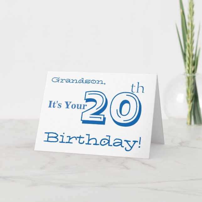 Grandson's 20th birthday greeting in blue & white. card (Front)